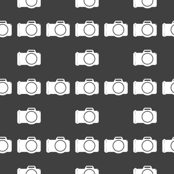 Photo camera web icon flat design. Seamless gray pattern.