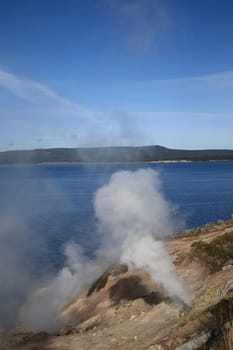 Yellowstone National Park Lake and Hot Springs Geyser
