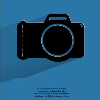 Photo camera .Flat modern web button with long shadow and space for your text. . 