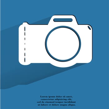 Photo camera .Flat modern web button with long shadow and space for your text. . 