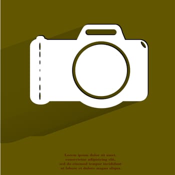 Photo camera .Flat modern web button with long shadow and space for your text. . 