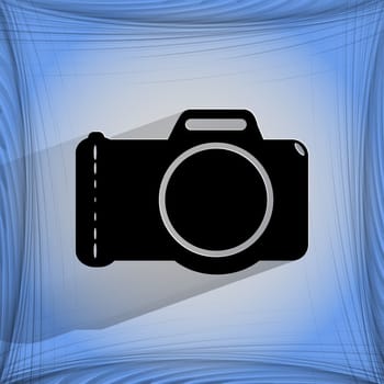 Photo camera .Flat modern web button with long shadow  on a flat geometric abstract background  . 