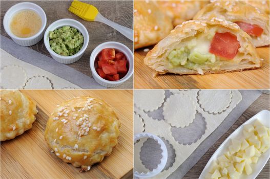 Fragments of cooking stuffed avocado rolls with cheese and tomato