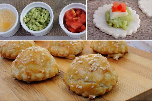 Fragments of cooking stuffed avocado rolls with cheese and tomato