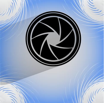 Photo camera diaphragm. Flat modern web button on a flat geometric abstract background  . 