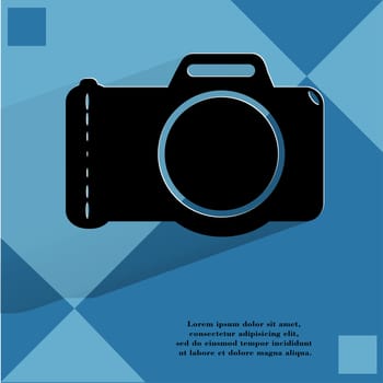 Photo camera .Flat modern web button with long shadow  on a flat geometric abstract background  . 