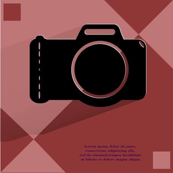 Photo camera .Flat modern web button with long shadow  on a flat geometric abstract background  . 