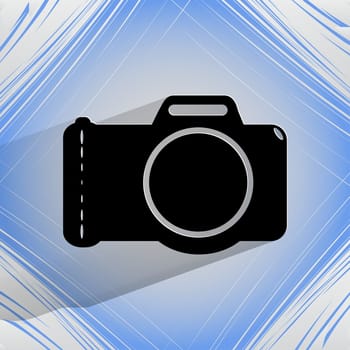 Photo camera .Flat modern web button with long shadow  on a flat geometric abstract background  . 