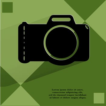 Photo camera .Flat modern web button with long shadow  on a flat geometric abstract background  . 