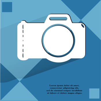 Photo camera .Flat modern web button with long shadow  on a flat geometric abstract background  . 