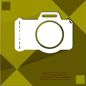 Photo camera .Flat modern web button with long shadow  on a flat geometric abstract background  . 