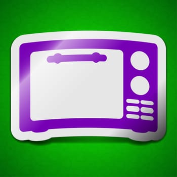 Microwave oven icon sign. Symbol chic colored sticky label on green background.  illustration