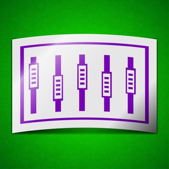 Dj console mix handles and buttons icon sign. Symbol chic colored sticky label on green background.  illustration