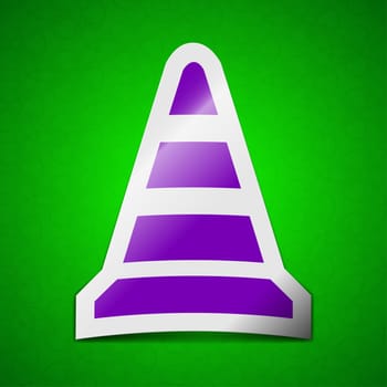 road cone icon sign. Symbol chic colored sticky label on green background.  illustration