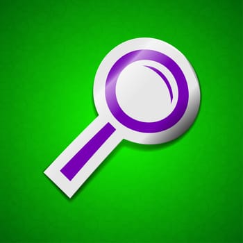 Magnifier glass, zoom search icon sign. Symbol chic colored sticky label on green background.  illustration
