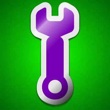 Wrench key icon sign. Symbol chic colored sticky label on green background.  illustration