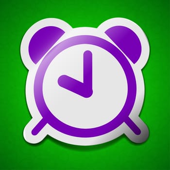 Alarm clock icon sign. Symbol chic colored sticky label on green background.  illustration