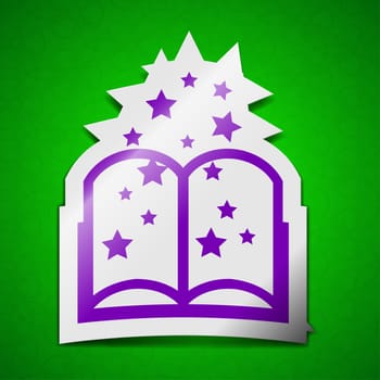 Magic Book icon sign. Symbol chic colored sticky label on green background.  illustration