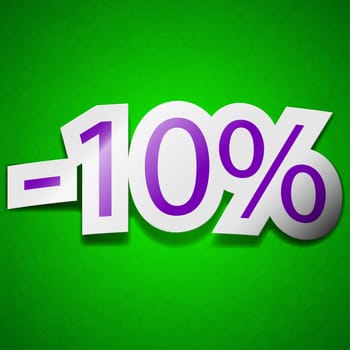 10 percent discount icon sign. Symbol chic colored sticky label on green background.  illustration