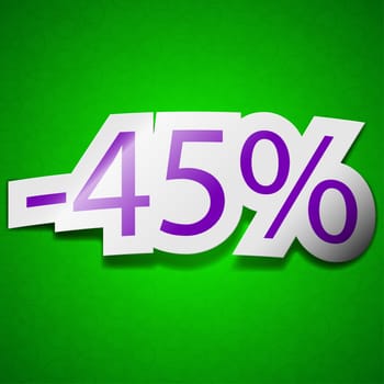 45 percent discount icon sign. Symbol chic colored sticky label on green background.  illustration