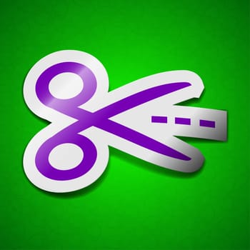 Scissors with cut dash dotted line icon sign. Symbol chic colored sticky label on green background.  illustration