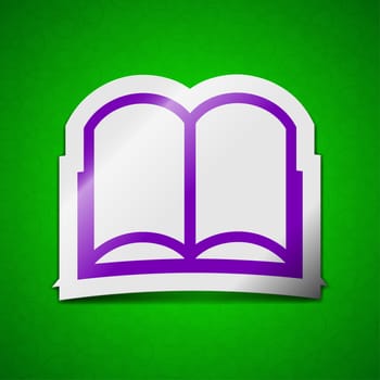 Open book icon sign. Symbol chic colored sticky label on green background.  illustration