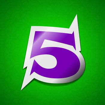 number five icon sign. Symbol chic colored sticky label on green background.  illustration