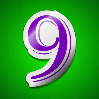 number Nine icon sign. Symbol chic colored sticky label on green background.  illustration