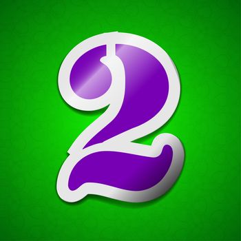 number two icon sign. Symbol chic colored sticky label on green background.  illustration
