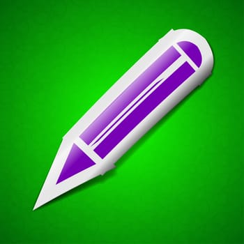 Pencil icon sign. Symbol chic colored sticky label on green background.  illustration