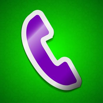 Phone icon sign. Symbol chic colored sticky label on green background.  illustration