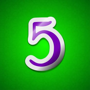 number five icon sign. Symbol chic colored sticky label on green background.  illustration