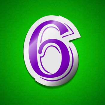 number six icon sign. Symbol chic colored sticky label on green background.  illustration