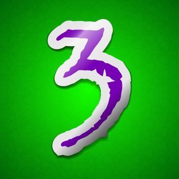 number three icon sign. Symbol chic colored sticky label on green background.  illustration