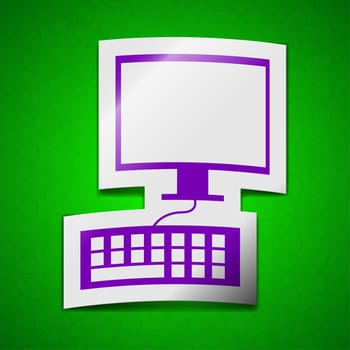 Computer monitor and keyboard icon sign. Symbol chic colored sticky label on green background.  illustration