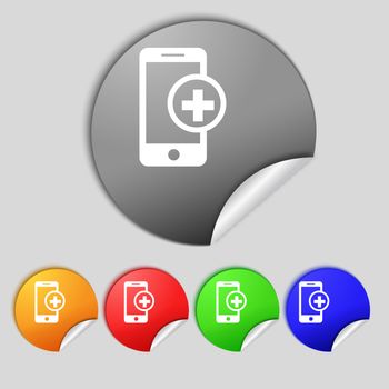 Mobile devices sign icon. mobile with symbol plus. Map pointers information buttons Speech bubbles with icons.  illustration