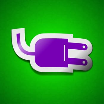 Electric plug icon sign. Symbol chic colored sticky label on green background.  illustration