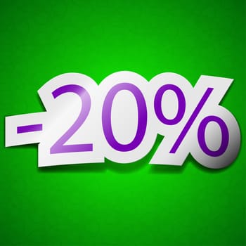 20 percent discount icon sign. Symbol chic colored sticky label on green background.  illustration