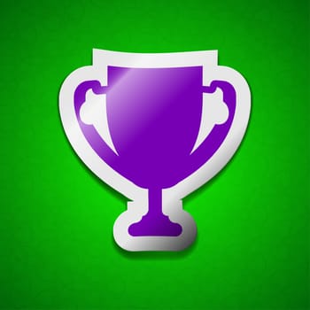 Winner cup icon sign. Symbol chic colored sticky label on green background.  illustration