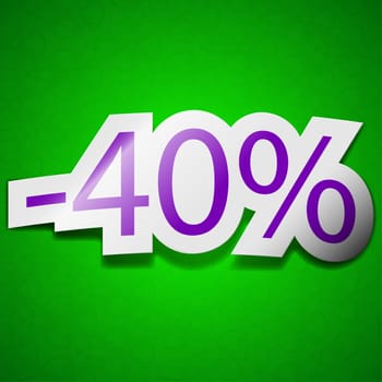 40 percent discount icon sign. Symbol chic colored sticky label on green background.  illustration