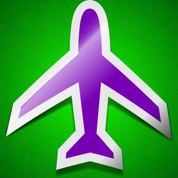 Airplane icon sign. Symbol chic colored sticky label on green background.  illustration
