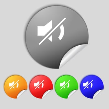 Mute speaker sign icon. Sound symbol. Set colourful buttons.  illustration