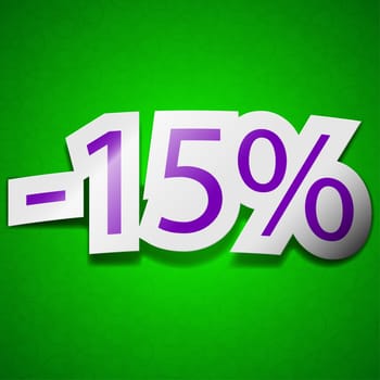 15 percent discount icon sign. Symbol chic colored sticky label on green background.  illustration