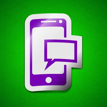 Message sms icon sign. Symbol chic colored sticky label on green background.  illustration
