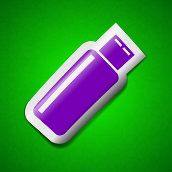 USB flash drive icon sign. Symbol chic colored sticky label on green background.  illustration