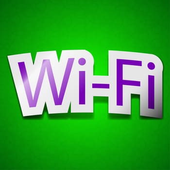 Free wifi icon sign. Symbol chic colored sticky label on green background.  illustration