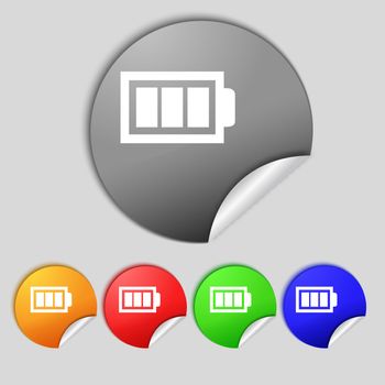 Battery fully charged sign icon. Electricity symbol. Set of colour buttons. Modern interface website button  illustration