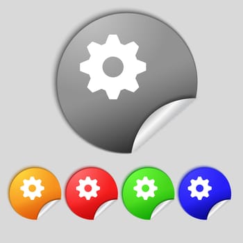 Cog settings sign icon. Cogwheel gear mechanism symbol. Set colourful buttons.  illustration