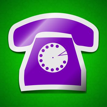 Retro telephone icon sign. Symbol chic colored sticky label on green background.  illustration