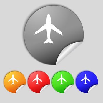 Airplane sign. Plane symbol. Travel icon. Flight flat label Set colourful buttons  illustration
